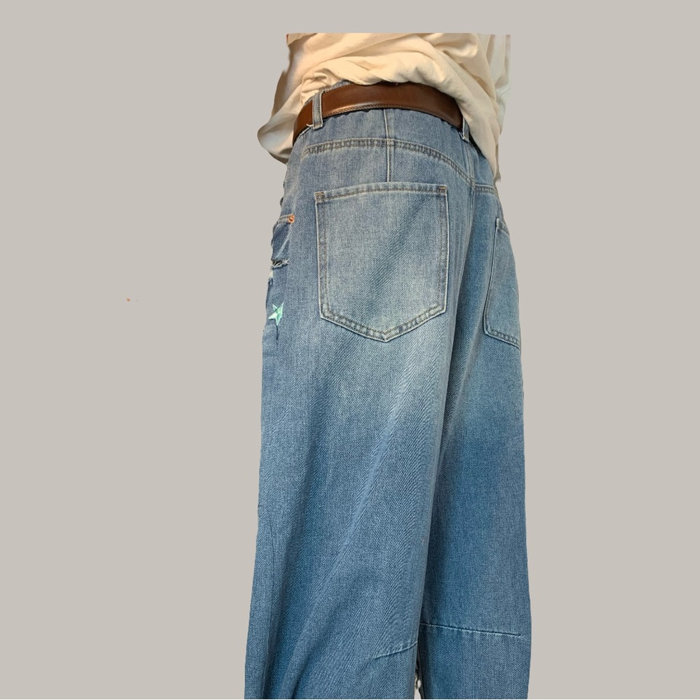 Upcycled Embroidered, Patched, and Distressed Barrel Jean with a Caribbean Theme - Picture 7 of 14